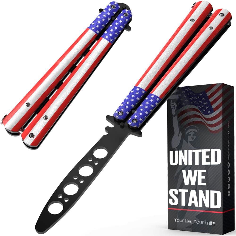 GOOD WORKER Butterfly Trainer – American Patriot Balisong – Practice Butterfly Knife – Butterfly Knives NOT Real NOT Sharp Blade – USA Flag Dull Trick Butterfly – Butter Fly Training CSGO K14 U