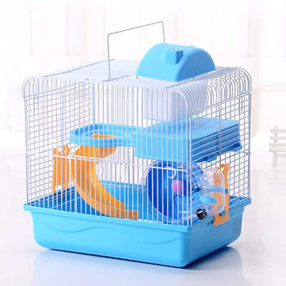 2-Tier Hamster Cage Habitat, Travel Carrier with Exercise Wheel Slide Kettle Food Dish Accessories Included (Blue)