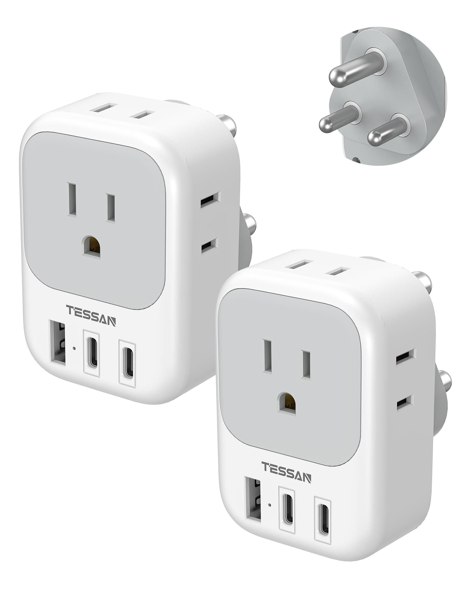 South Africa Plug Adapter 2 Pack, TESSAN Type M Adapter for South Africa with 4 Outlets 3 USB (2 USB-C), Type M Adaptor for US to Namibia Botswana India Nepal Mozambique Sri Lanka