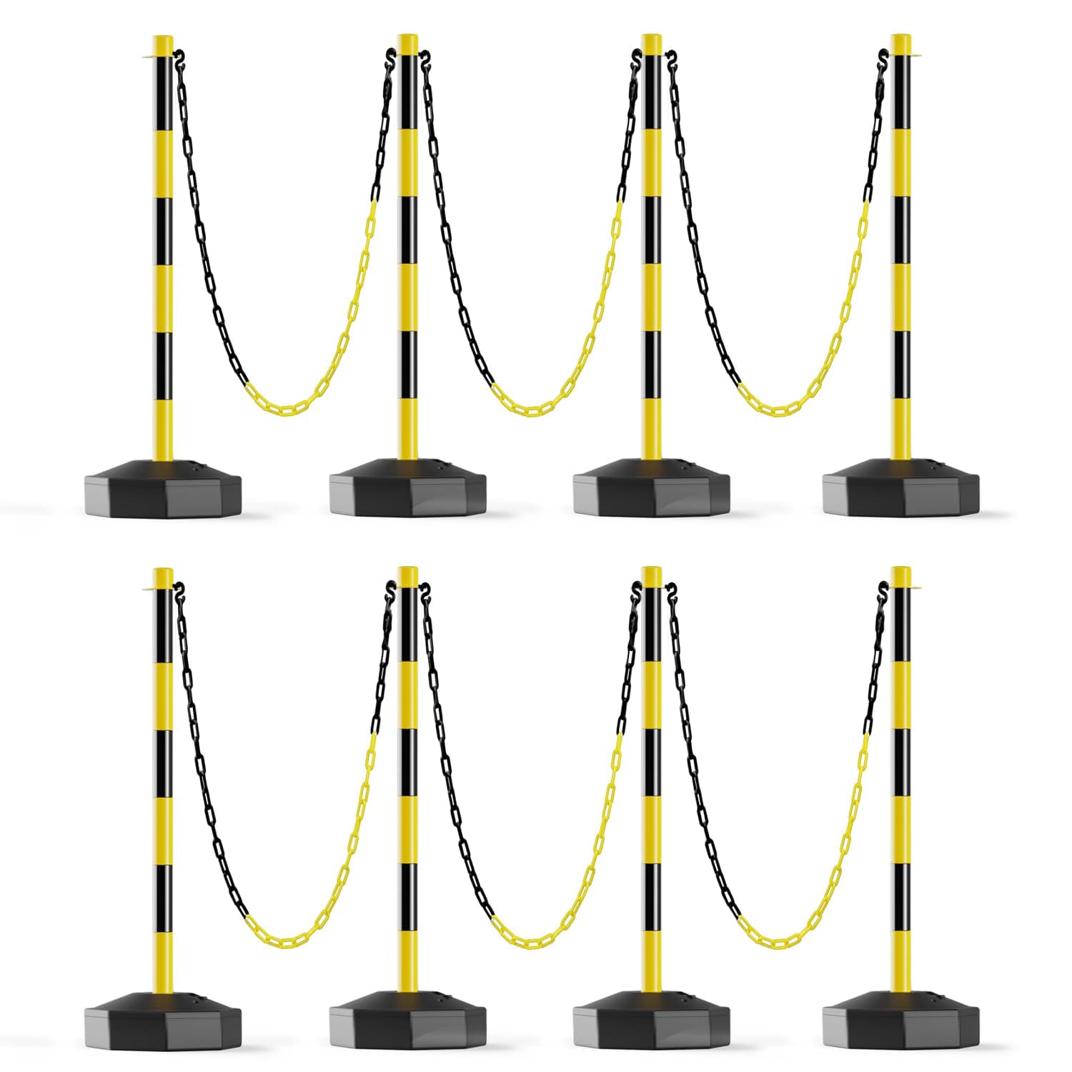 RoadHero [8 Pack] Traffic Delineator Post Cones with Fillable Base, Expandable Traffic Safety Barrier with 8FT Plastic Chain, Traffic Safety Delineator Cones for Parking Lot [Black/Yellow]