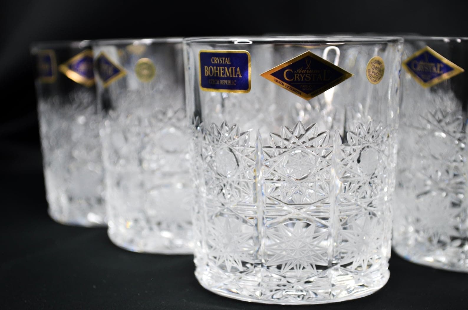 CZECH Bohemian Crystal Glass Whiskey Glasses 10oz./300ml. Set of 6 Hand Cut Iris Vintage Design Heavy Base Old Fashioned Style Vodka Brandy Rum Cognac Birthday Wedding Housewarming Anniversary