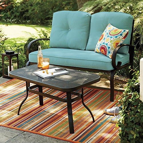 2 pc Outdoor Love Seat Coffe Table Deep Seating Cushions Aqua Blue Perfect for small areas