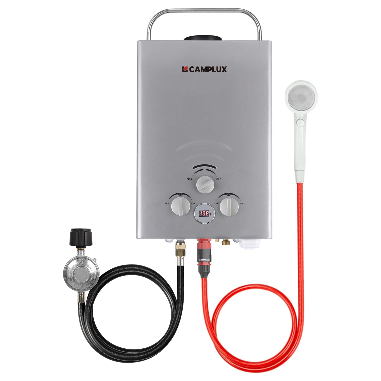 CAMPLUX Portable Water Heater 1.58 GPM, BW158G Propane Water Heater Outdoor, 41,000 BTU, Camping Shower, Easy to Install, Gray