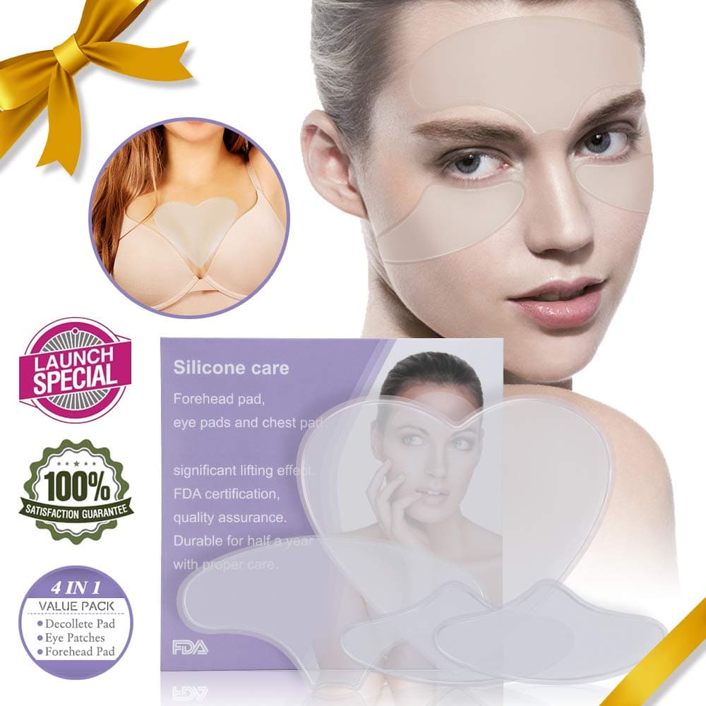 (4 pads)Silicone Decollete Anti Wrinkle Chest Eye Pad Patches Reusable Adhesive 1+Chest Pad,2+Around Eye Anti Wrinkle Pad,1+Forehead For Women Sun Damage Wrinkle Repair 100% Medical Grade Overnight
