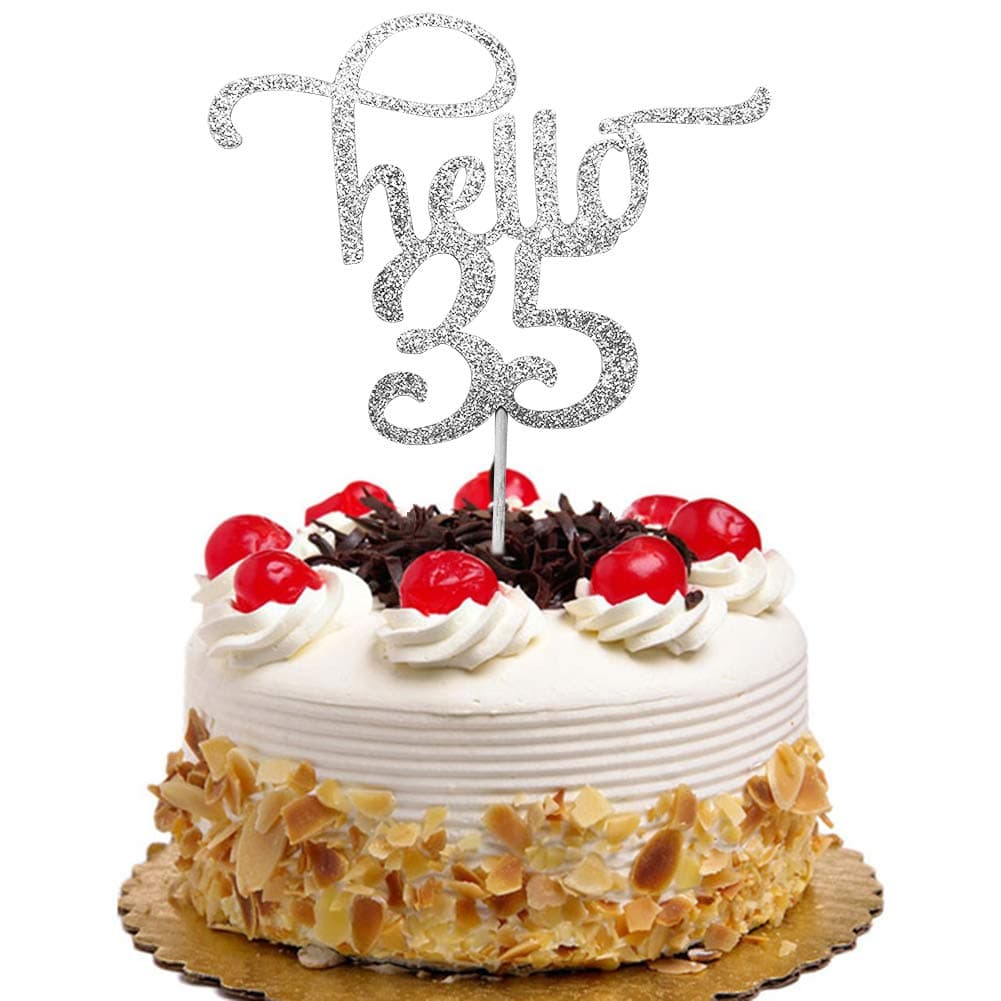 Hello 35 Cake Topper for 35th Birthday, Wedding Anniversary Party Decorations Silver Glitter