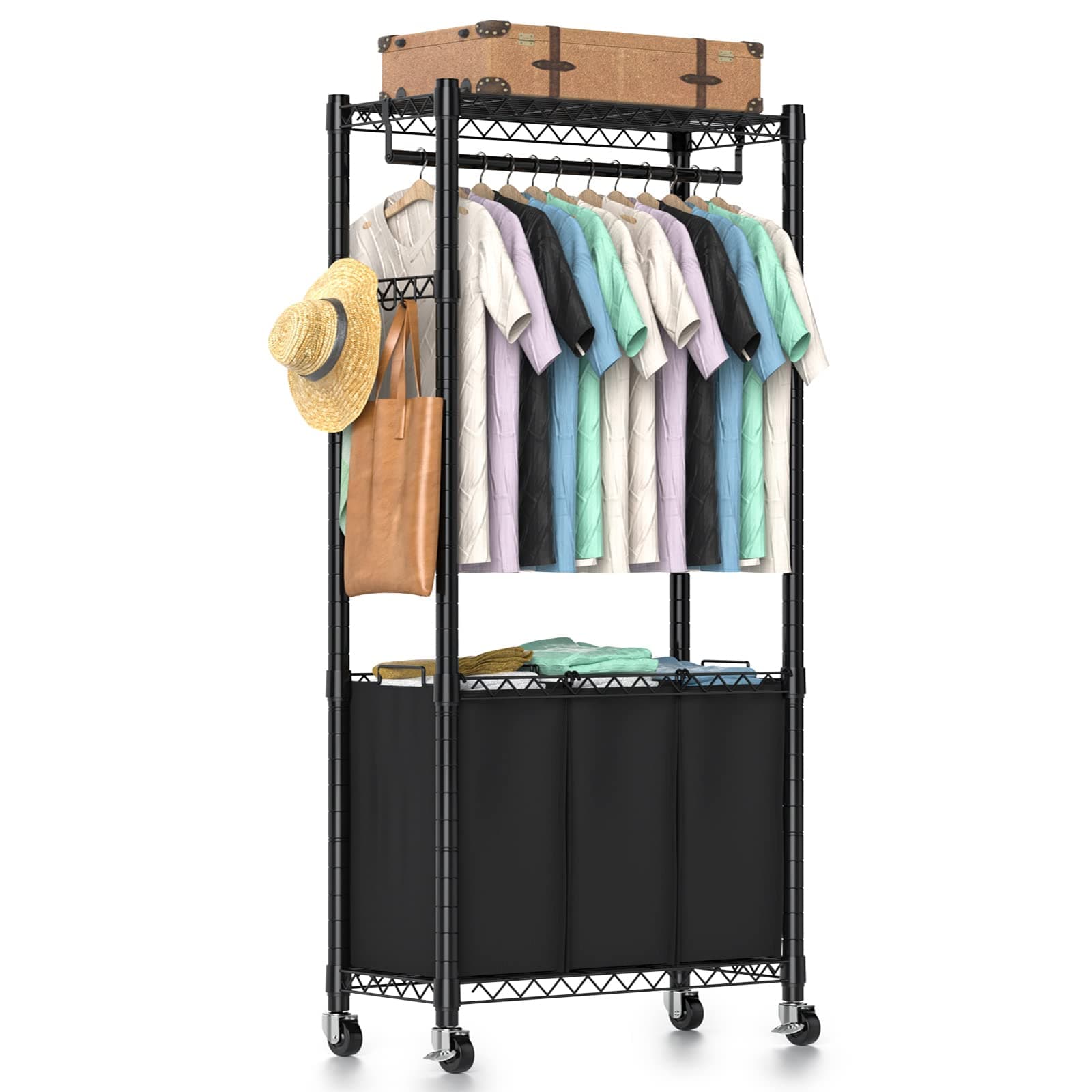Rolling Laundry Basket Organizer with Wheels and Hanging Bar, Laundry Hamper Cart Laundry Sorter 3 Section, Dirty Clothes Hampers for Laundry Bedroom Bathroom w/ 3 Removable Bags, Black