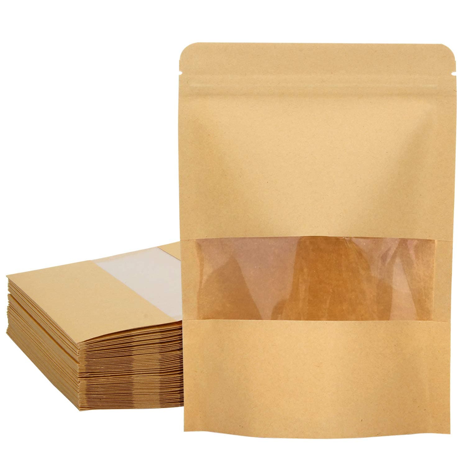 Blisstime 50 Pack Kraft Paper Stand Up Pouch Bags, Resealable Bag with Transparent Window and Tear Notch for Multipurpose Storage (5.5 X 7.9 Inches)