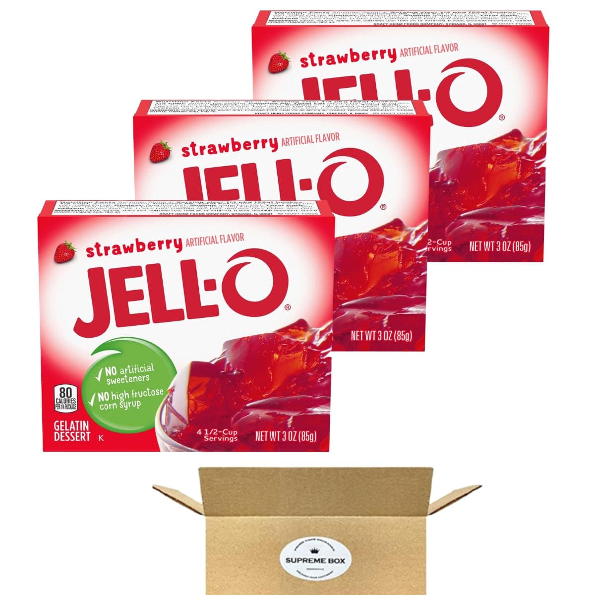 SUPREME BOX Jell-O Strawberry Gelatin Mix, Easy to prepare, Fruit salads, layered desserts, molds, topping for cakes and pies 3 oz Boxes - Pack of 3 (9 oz in total)