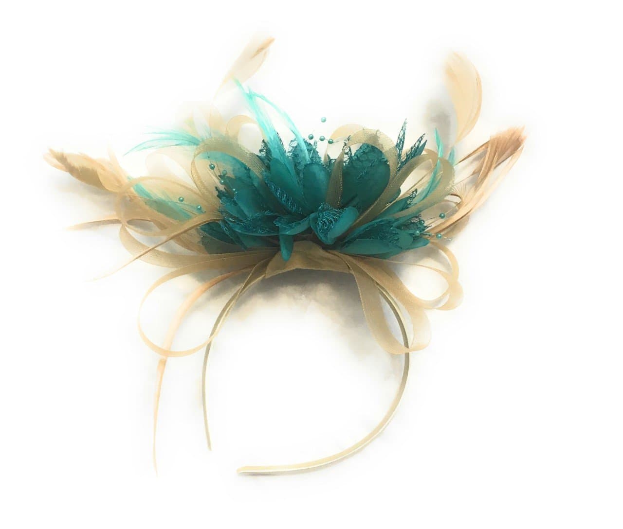 Champagne Gold Beige Camel and Turquoise Green Fascinator on Headband Alice Band UK Wedding Ascot Races Derby