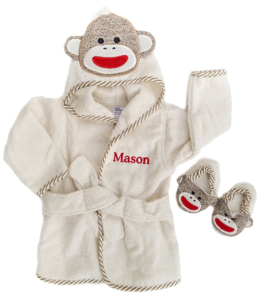 PERSONALIZED Monogrammed Sock Monkey Terry Hooded Bath Robe & Slipper Set Sz 0-9 Mo
