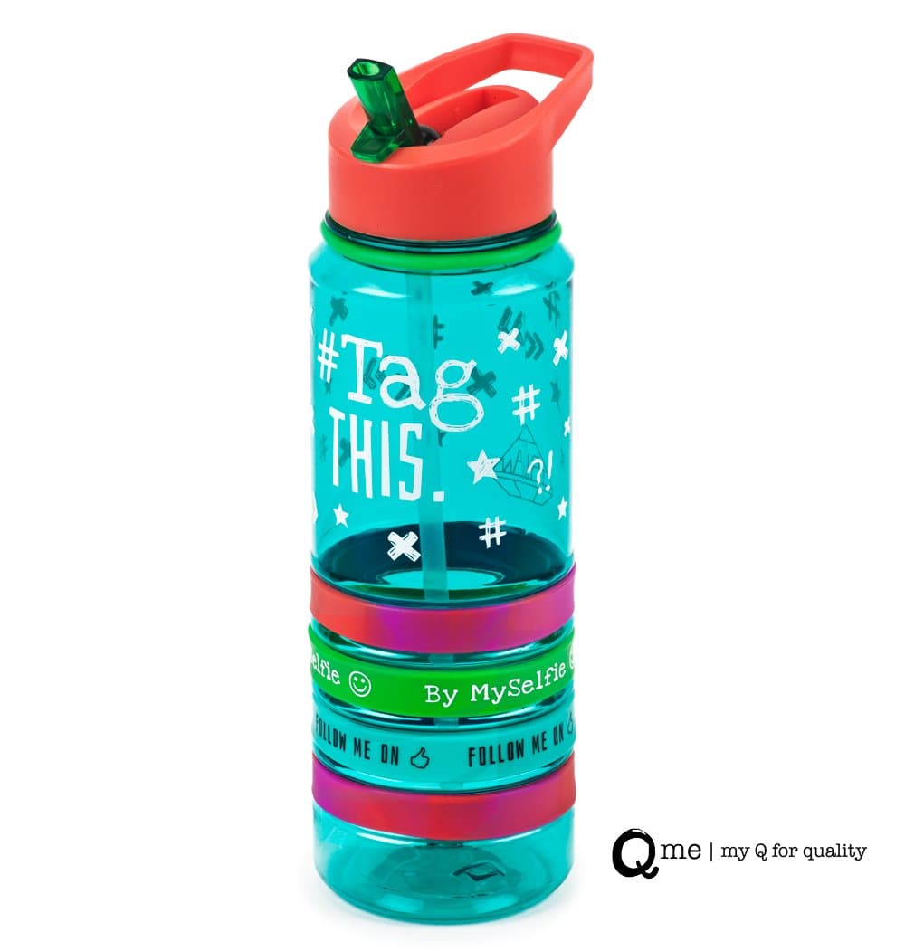 Q Me COOL BANDS Tritan Water Bottle and Built-in Straw Trendy Transparent Tumbler with 4 Silicone Wristbands Holds 25.4 Ounces TURQUOISE # TAG THIS