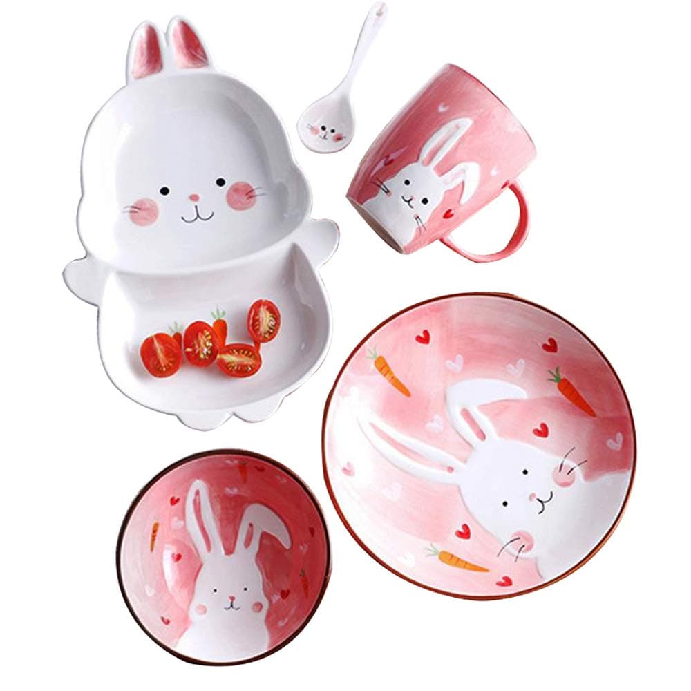 Toddler Plates, Dishes Set YoungQI Ceramics Divided Dinnerware, Cartoon Kids Cups, Bowls and Flatware Feeding Set.(Pink Rabbit)