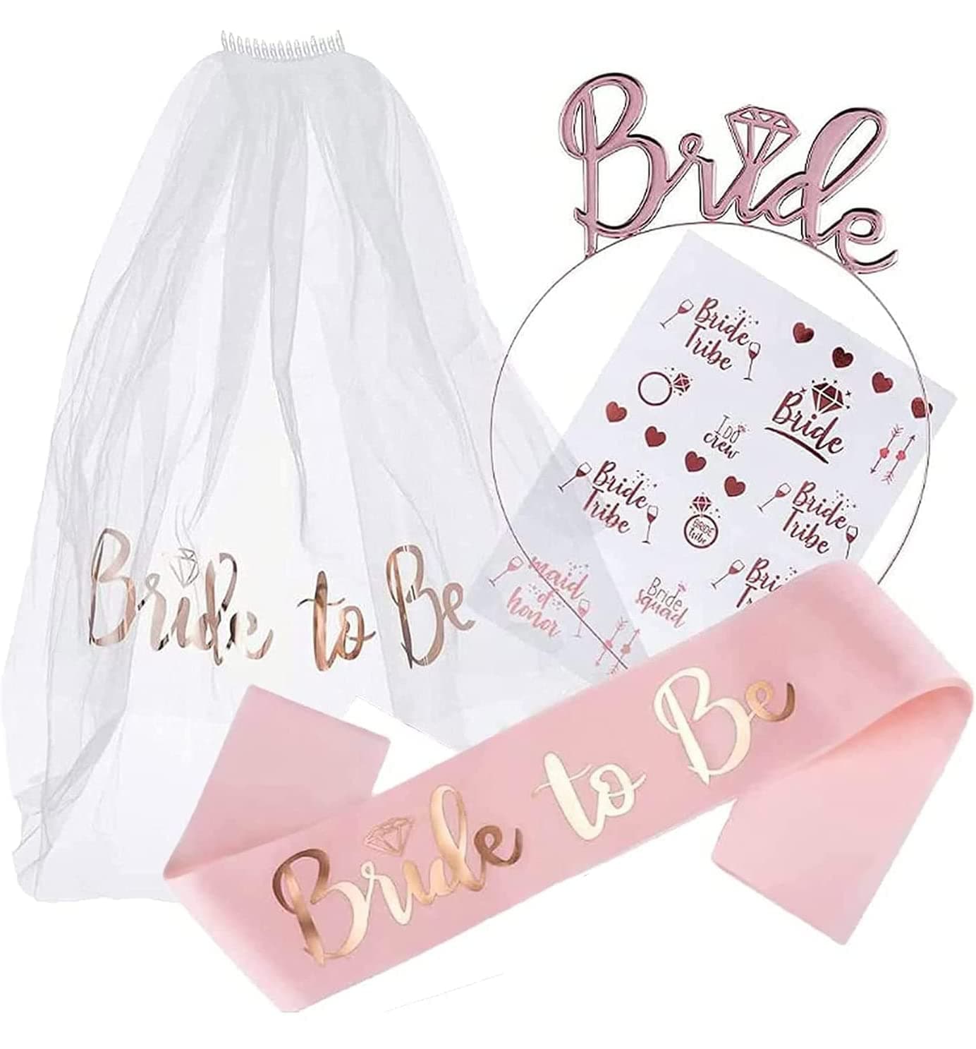 KASTWAVE Bride to Be Decoration Set, Bride Sash, Headband Tiara, Bride Veil with Comb, Rhinestone Tiara, Pre-Strung Banner, Bride to Be Gifts Decorations Wedding