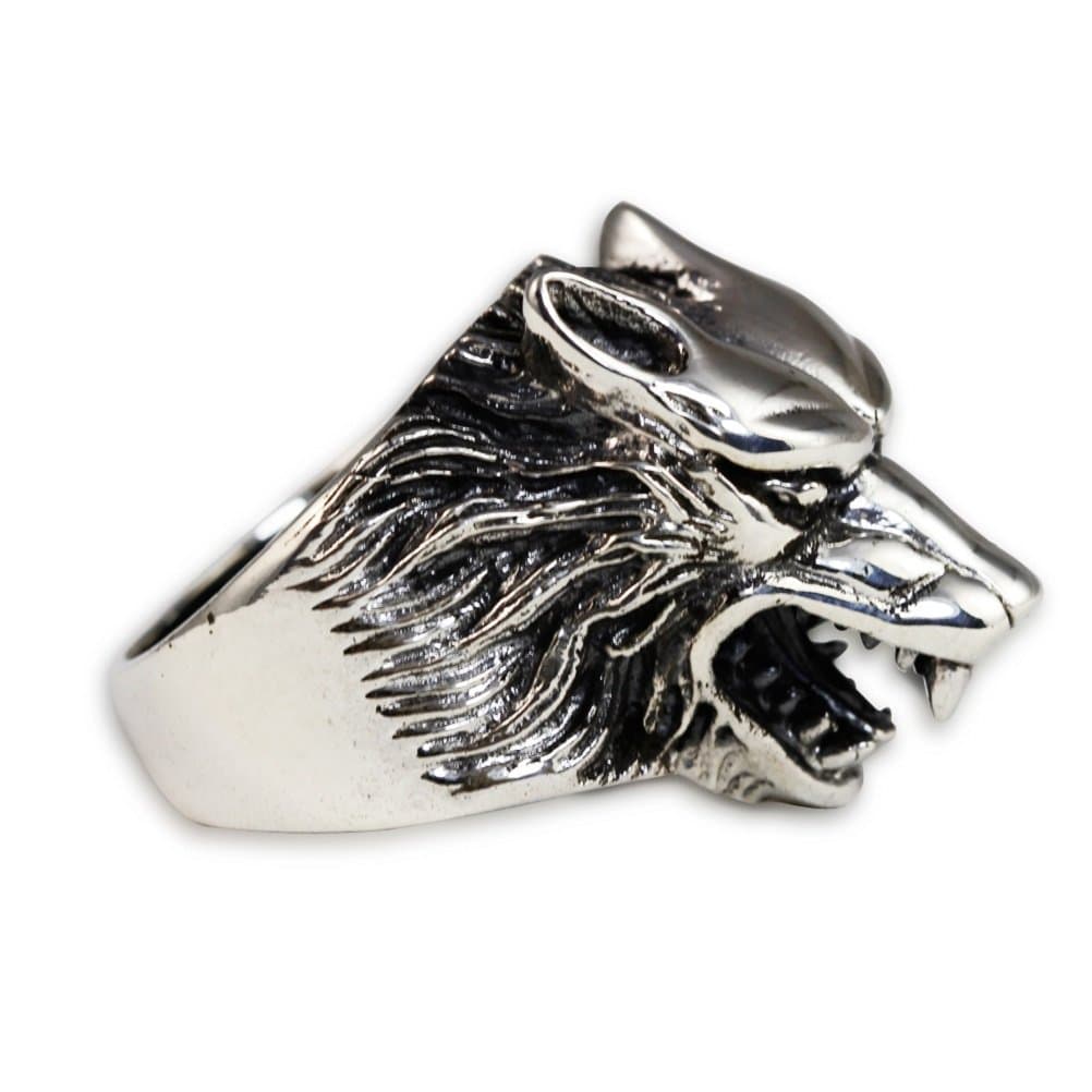 Moon Wings Solid Sterling Silver Wolf Head Vintage Mens Ring
