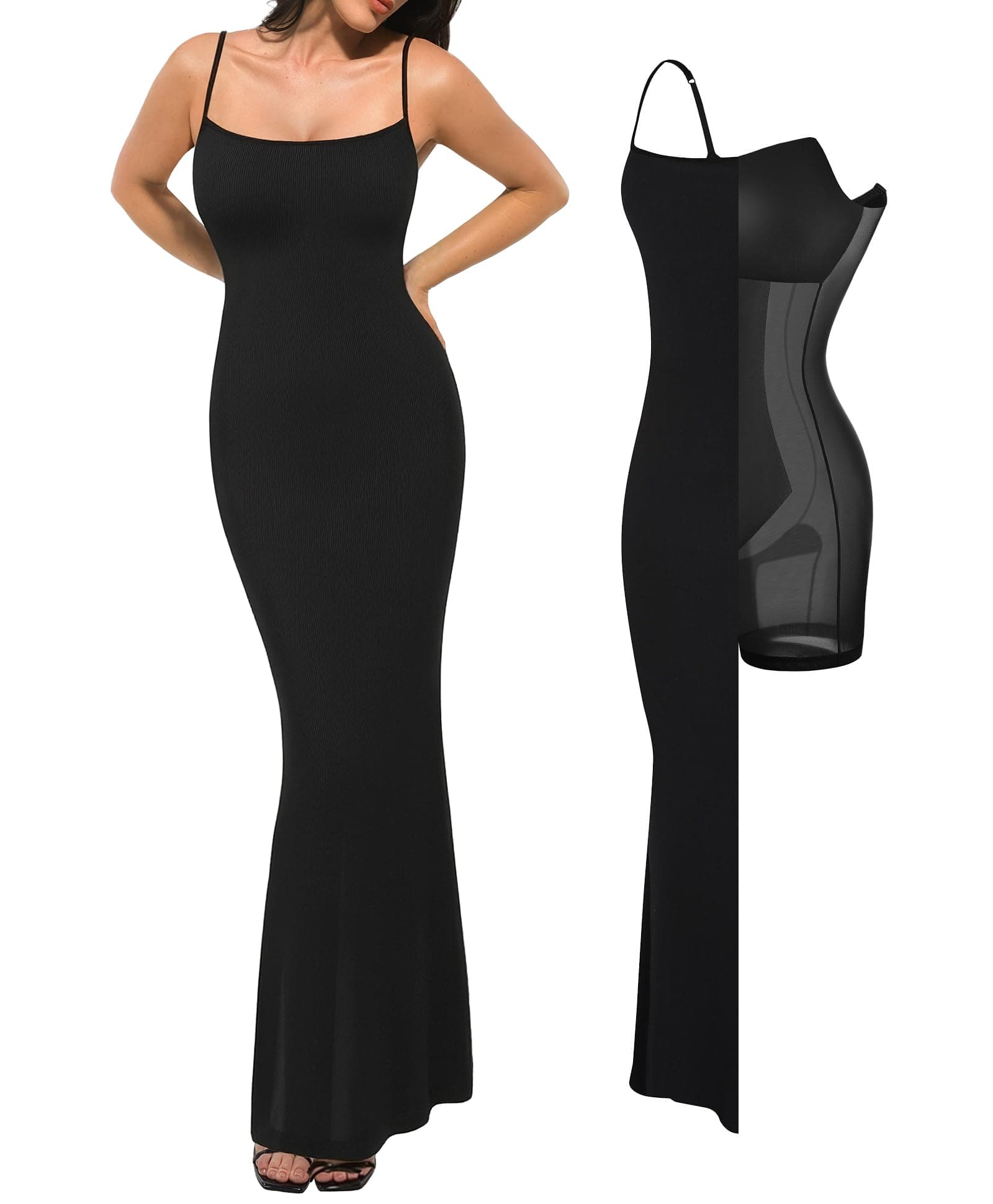 Formal Dresses for Women Maxi Black Dress Built in Bra Summer Shapewear Tummy Control Bodycon Spaghetti Strap Slip