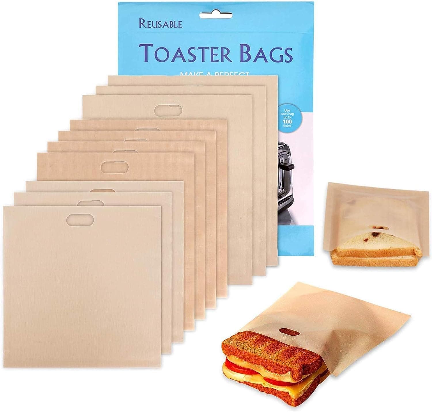 Non-Stick Reusable Toaster Bags - Samshow 3 Sizes Toaster Bags for Heat Resistant - FDA Approved, Perfect for Grilled Cheese Sandwiches, Chicken, Nuggets, Panini and Garlic Toasts - 10 Pack