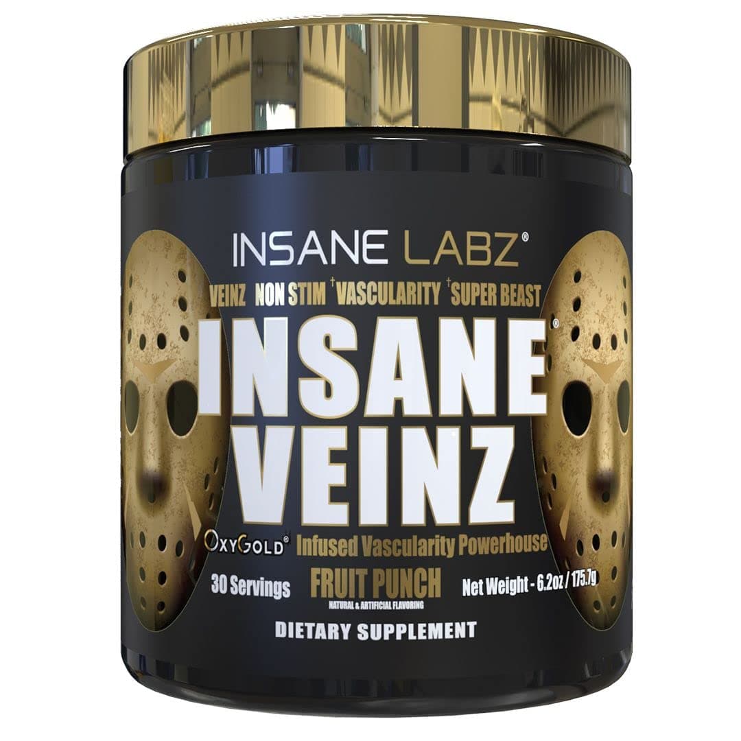 Insane Labz Insane Veinz Gold, Nitric Oxide Non Stimulant pre Workout Powder, Loaded with Hydromax, Nitrosigine, Increases Vascularity and Blood Flow, 30 Srvgs, Fruit Punch