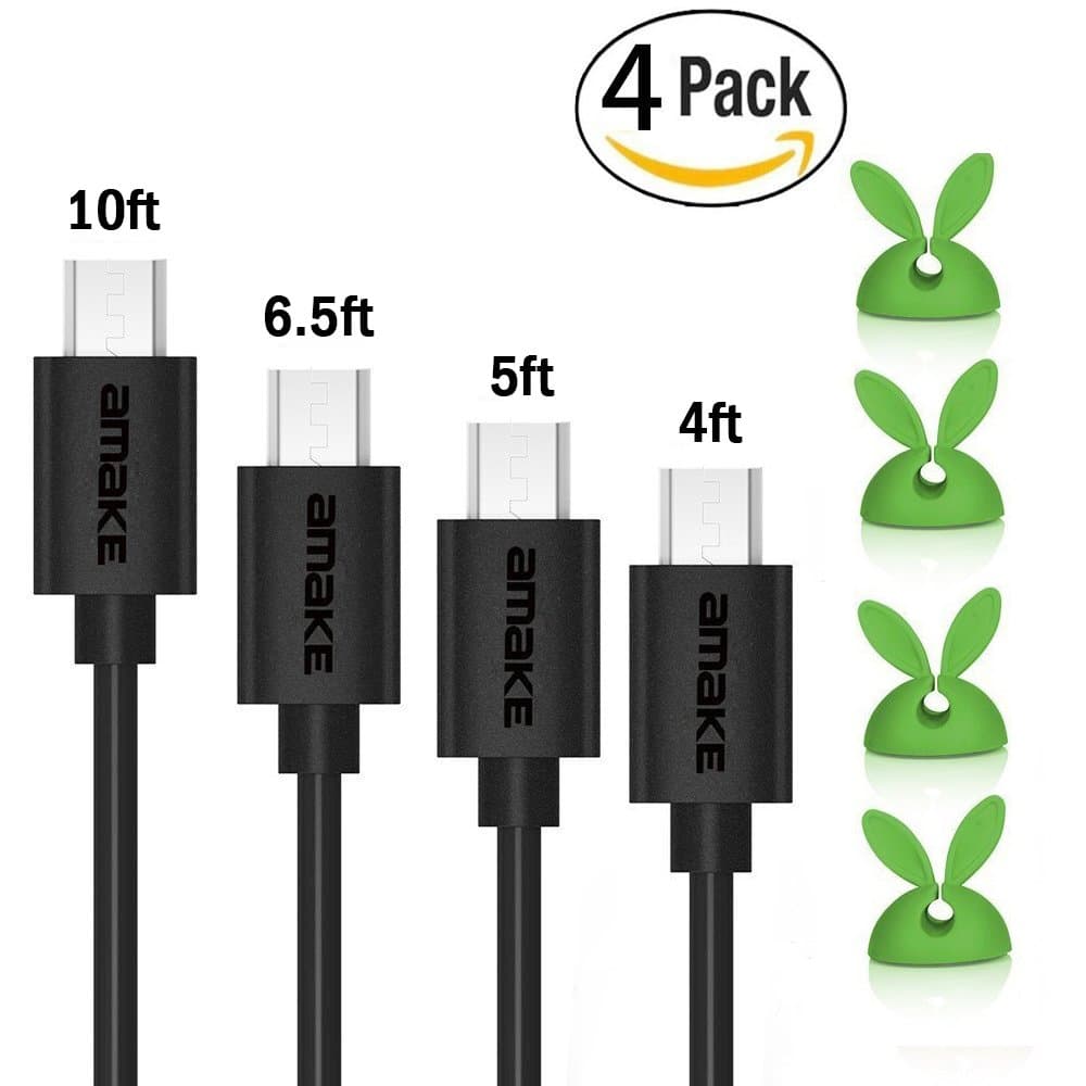 [4-Pack] Micro USB Charger Cable Durable Charging and Syncing Cord Super Long with Cute Clips Compatible with Kindle Fire,Tablet,MP3,Camera,Powerbank,Android,Samsung Galaxy,Huawei,Nokia,Nexus
