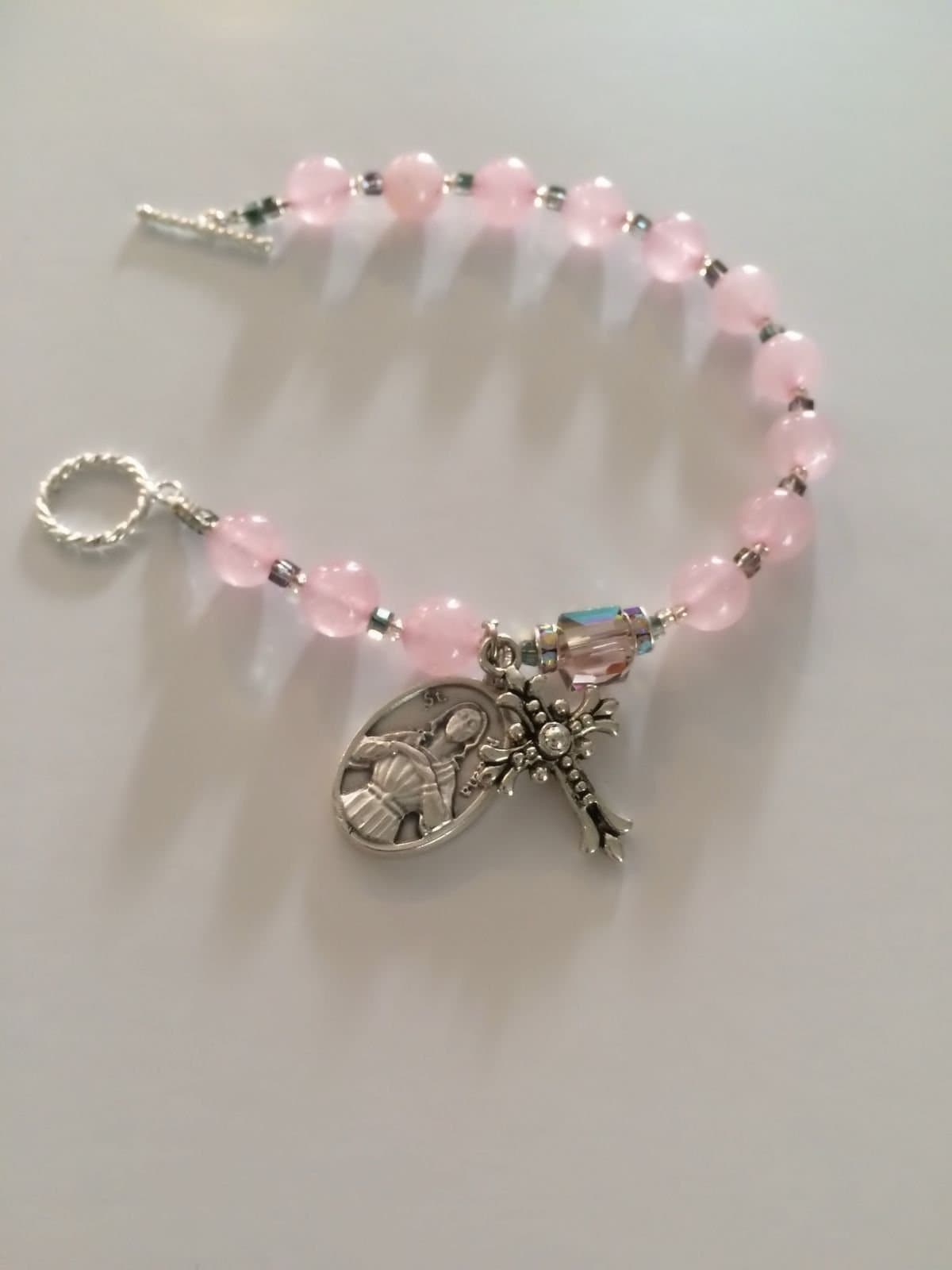 St. Agatha Breast Cancer Rosary Bracelet | Beautiful Rose Quartz and Crystal. One Decade