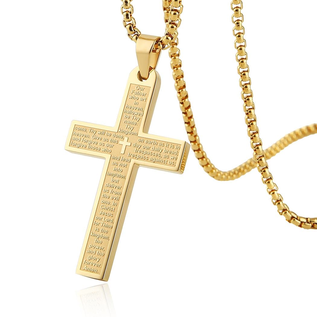 Stainless Steel Mens Womens Cross Necklace Lord's Prayer Pendant, 4 Colors Available