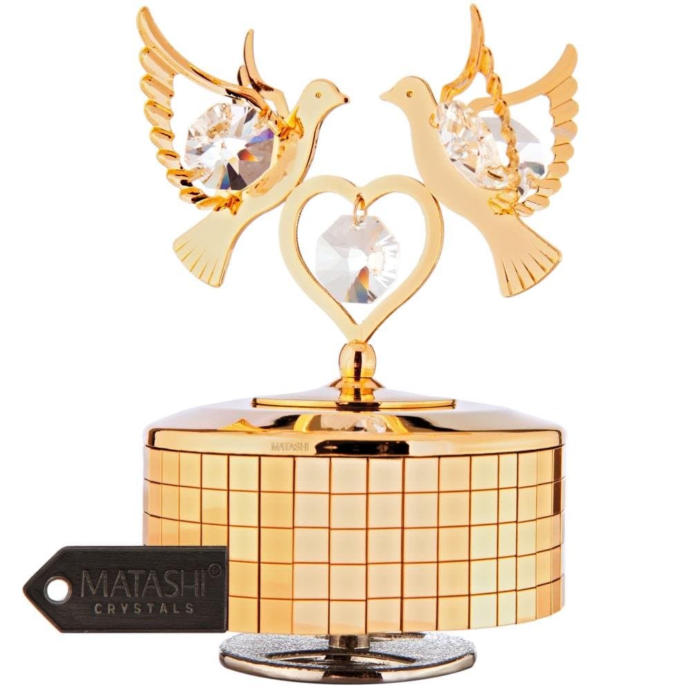 Matashi 24k Gold Plated Love Doves Music Box Made with Genuine Crystals