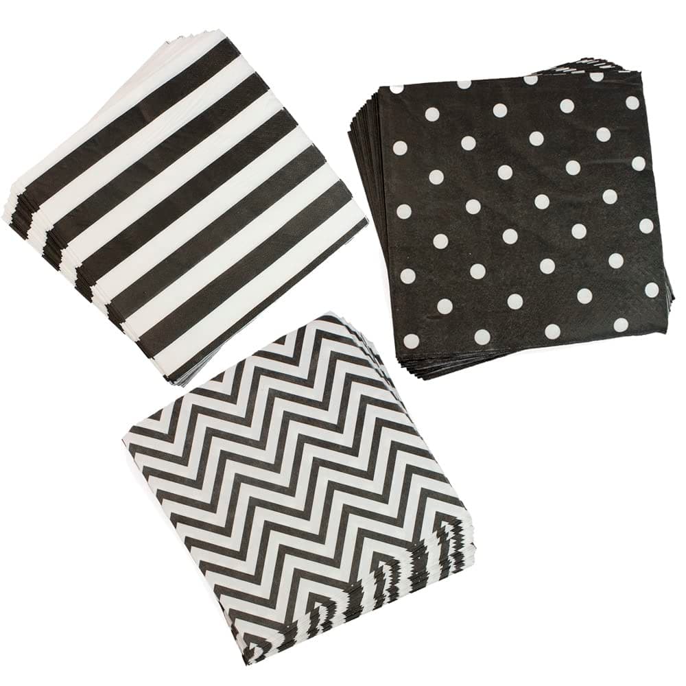 Disposable 2-ply Party Napkins, Striped Chevron Polka Dot paper beverage napkins for Birthday, Christmas or Anniversary Celebration, Cocktail Beverage Napkins 60-Count,13" x 13" Black