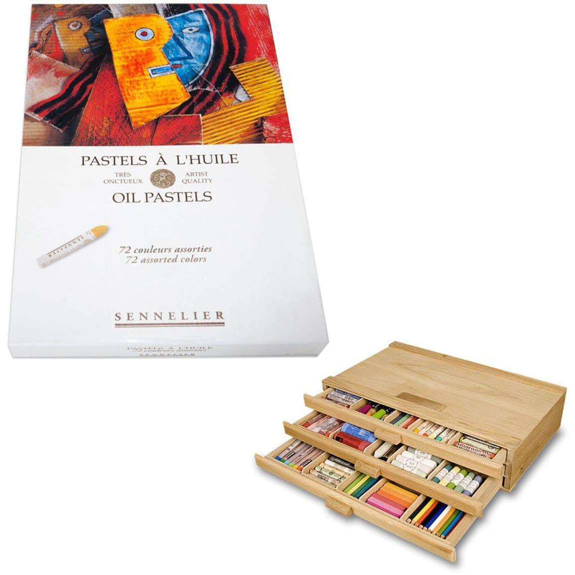 Sennelier Artist 72pc Oil Pastel Set, Includes 3 Drawer Wood Storage Box, Assorted Colors