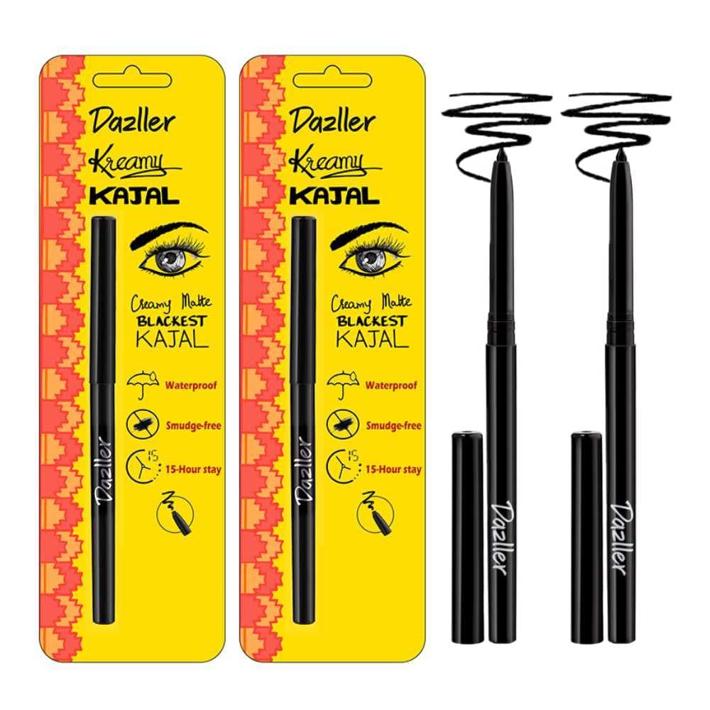 Dazller Kreamy Kajal - Pack of 2, Blackest Black, 15 Hour Stay, Water-Resistant, Smudge-Proof, Creamy Matte Finish