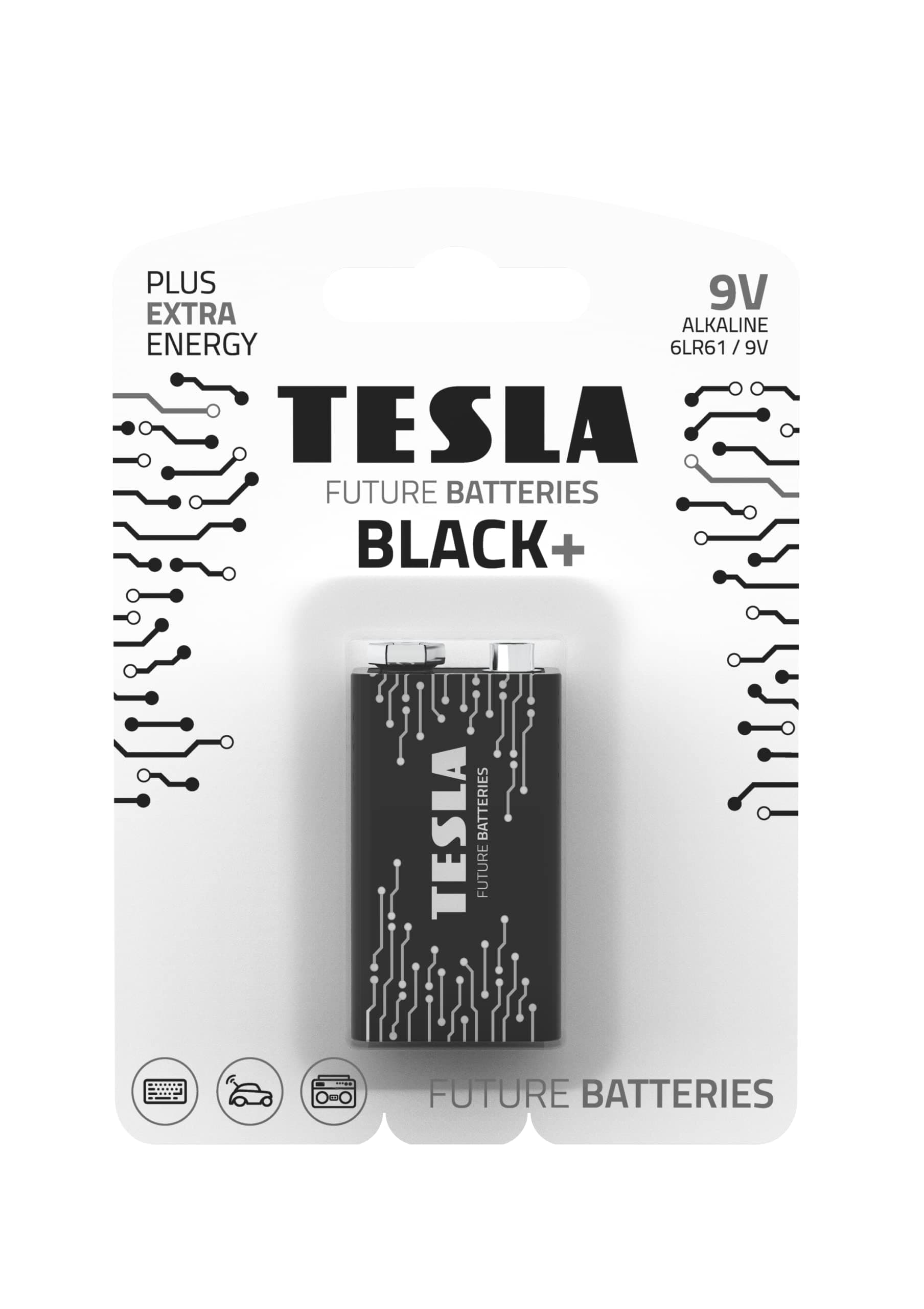 Tesla Batteries 9V Black+ Maximum Power Alkaline Batteries, 10+ Year Shelf Life, A Long-Lasting Battery Life, Leak-Free (6LR61 / 1 Count [Pack of 1])
