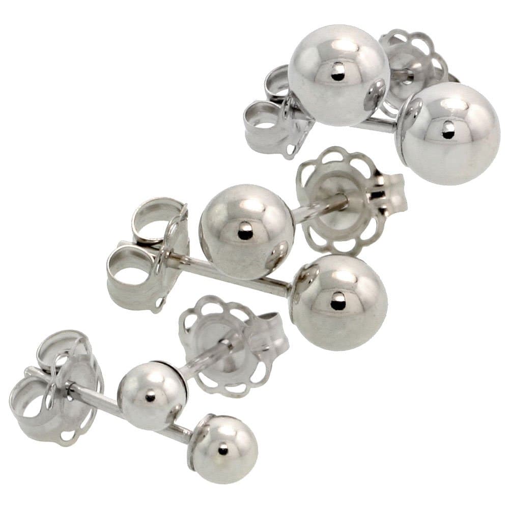 3-Pair 10k Gold Ball Earrings Set/Cartilage Nose Studs, 3mm 4mm 5mm