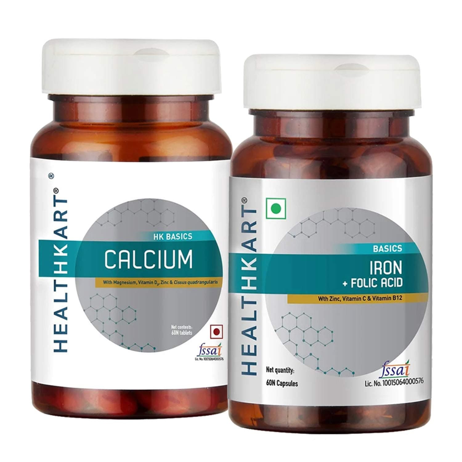 HealthKart HK Vitals Iron + Folic Acid Supplement, with Zinc, Vitamin C & Vitamin B12, Supports Blood Building, Immunity and Energy, 60 Capsules with Calcium, Magnesium and Zinc with Vitamin D3, 60 Tablets (Combo Pack)