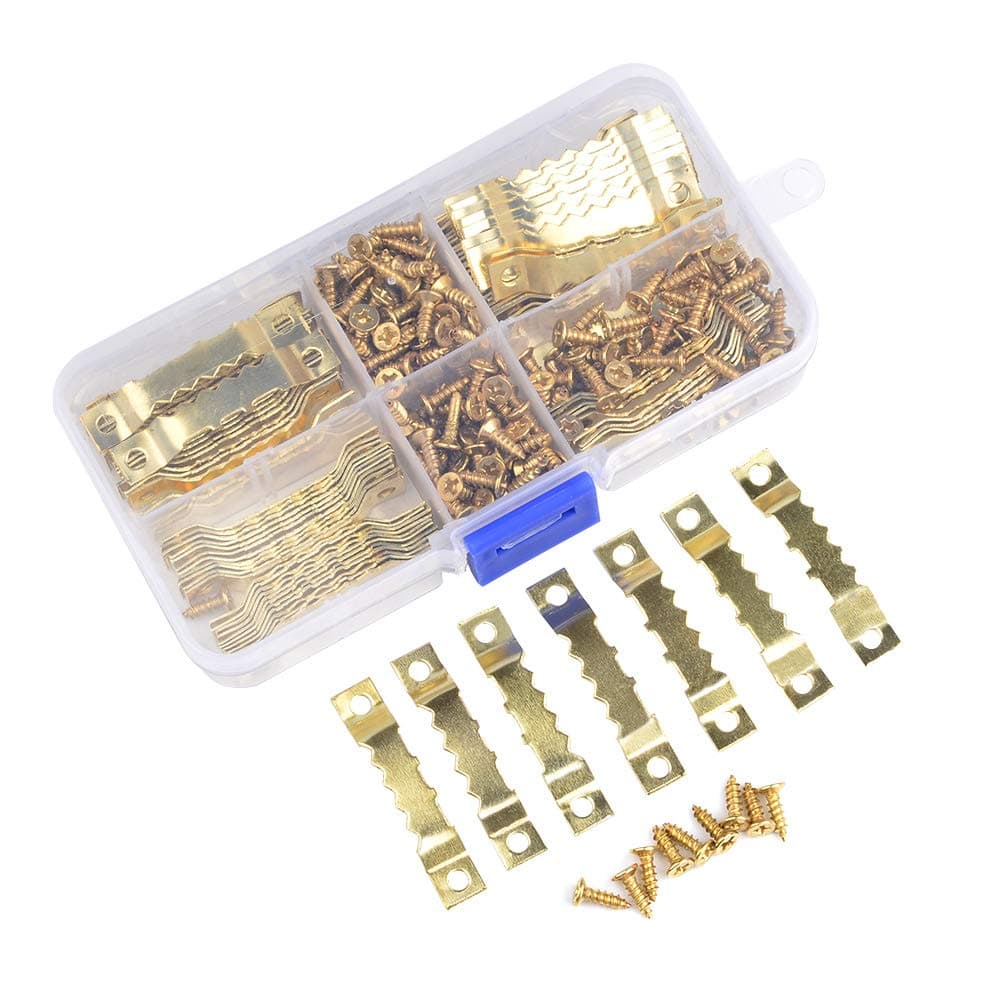 TIMESETL 100Pcs Sawtooth Picture Hangers with Screws,Double Hole Sawtooth Hangers Photo Frame Sawtooth Hanging Hooks Kit Picture Hanging Hardware for Paintings Photos Art & Home Décor (Gold)