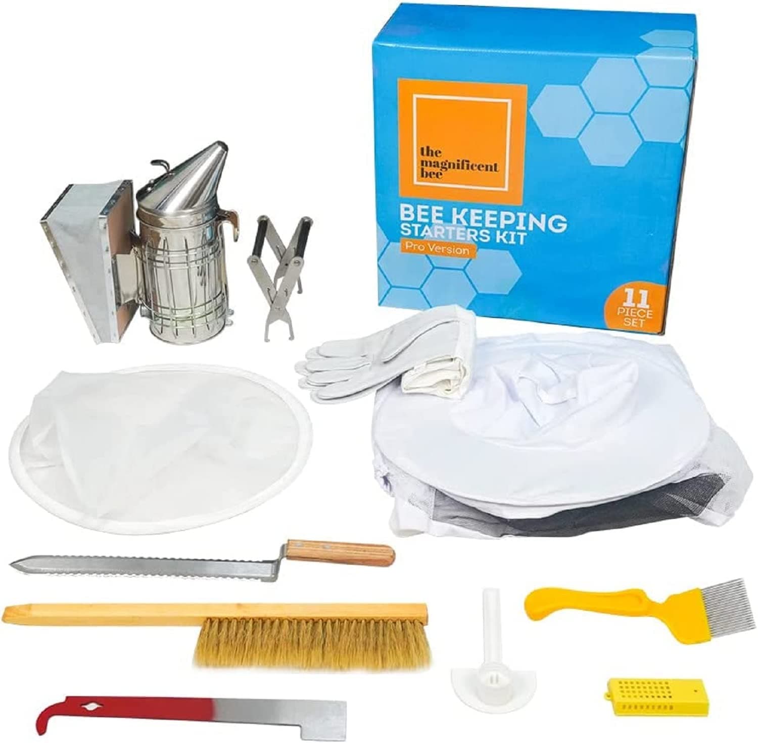 The Magnificent Bee Beekeeping Supplies Starter Kit, 11 Piece Set, All-in-One Beginner Tools and Pro Equipment with Large Beehive Smoker, Beekeeper Suit and Gloves, Extraction Scraper, and Feeder