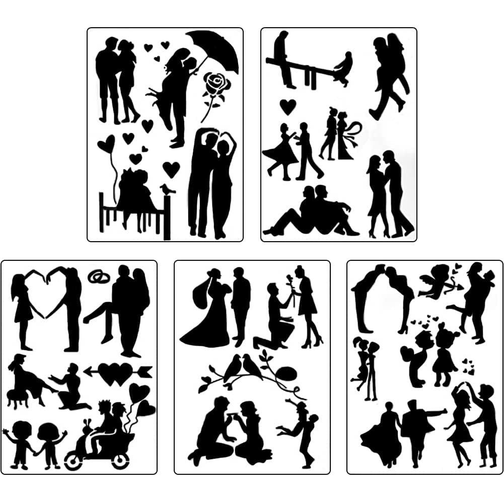 5Pcs Reusable Hollow Painting Silhouette Stencils Drawing Template Stencils Fast Draw Stencil Art Templates DIY Drawing Template Graffiti Stencils for Adults and Children (Couples)