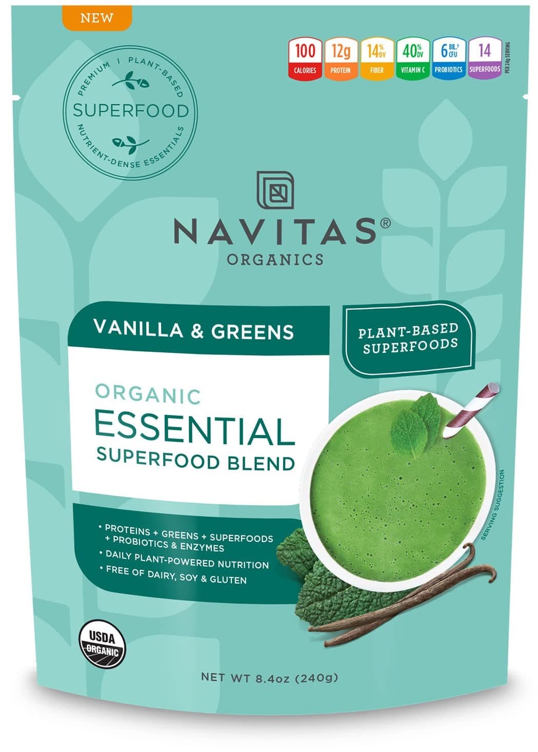 Navitas OrganicsEssential Superfood Protein Blend, Vanilla & Greens, 8.4oz. Bag,10 Servings — Organic, Non-GMO, Gluten-Free, Plant-Based Protein