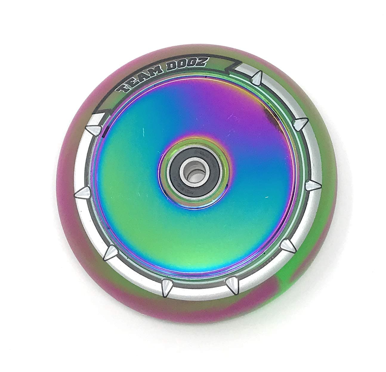 Team Dogz 1x 100mm and 110mm UFO hollow core scooter wheel is also suitable for MGP Blunt Slamm Razor Crisp Grit Etc (Rainbow Core Green/Purple PU, 110mm)