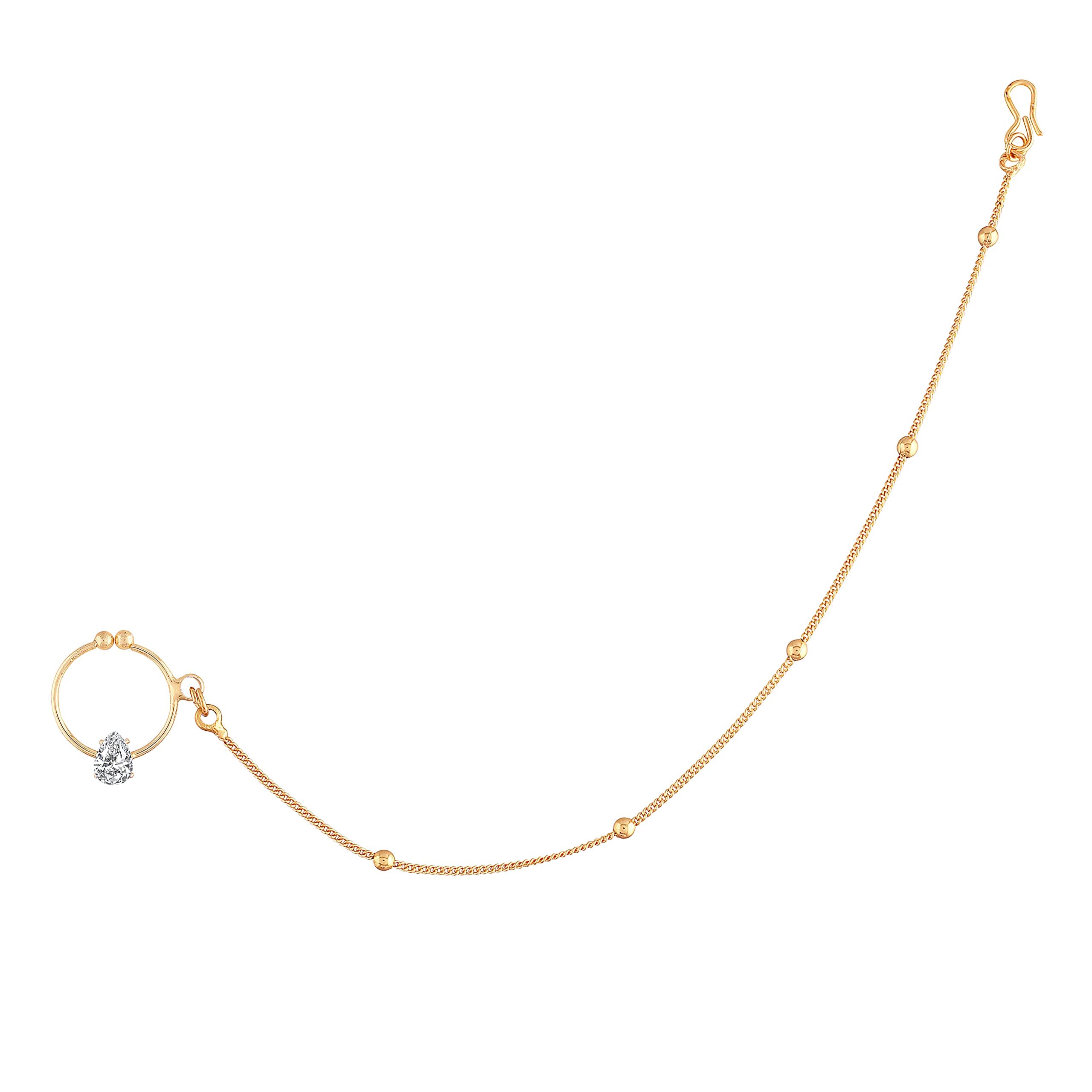 18k Gold Plated Indian Wedding Bollywood Ethnic Bridal Nose Ring/Nath Without Piercing with Chain Encased with Pearl Stone for Women (NL44)