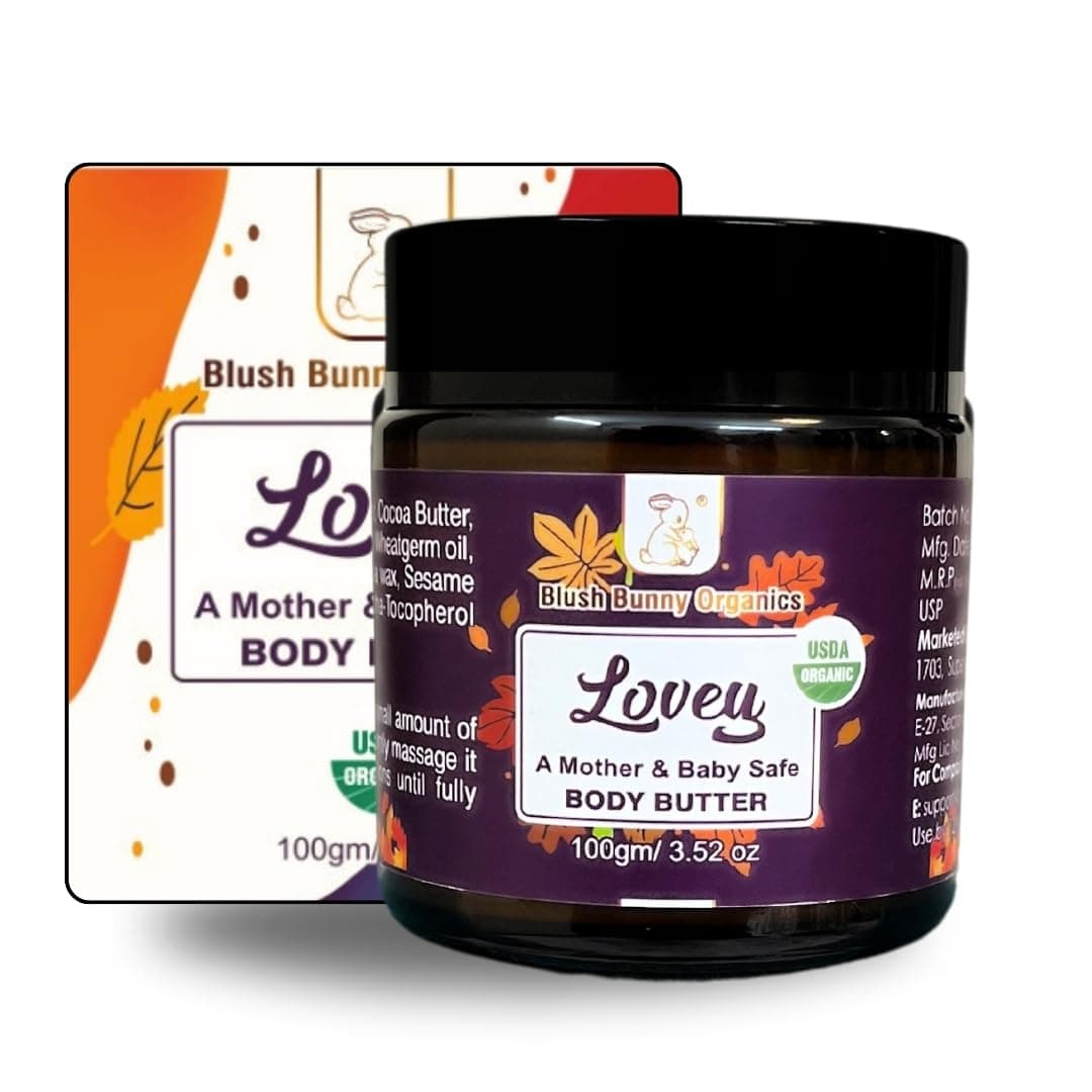 Blush Bunny Organies Lovey Mother & Baby Safe Body Butter Cream, Natural, Vegan & Non-Toxic With Organic Cocoa & Shea Butter, Pregnancy & Baby Safe, Ideal For Dry Skin, 100g / 3.52oz