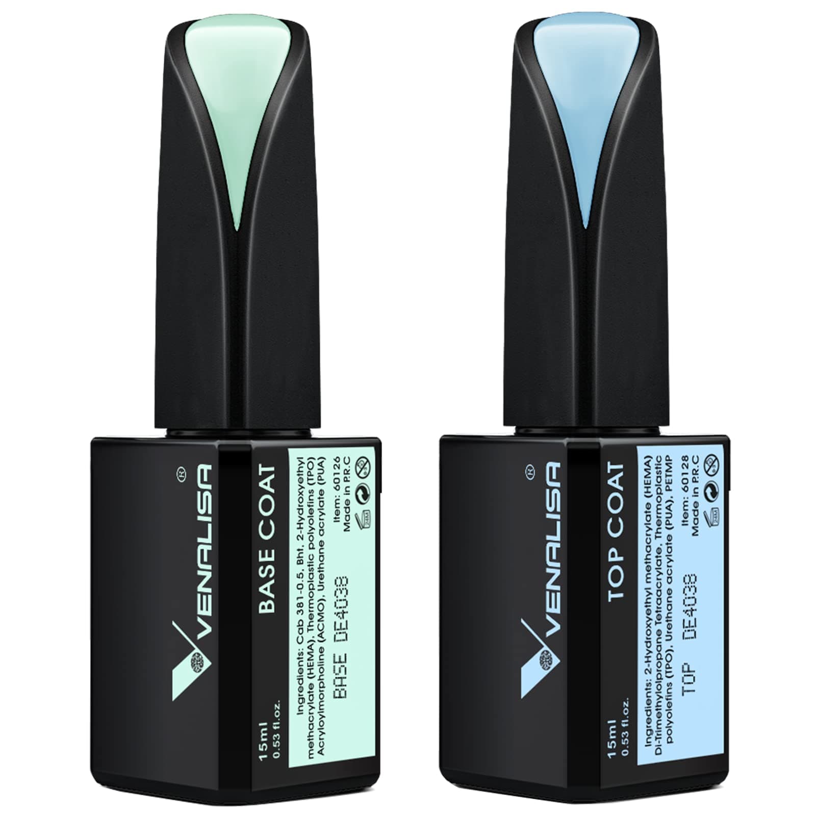 VENALISA 2 Pcs 15ml Gel Nail Ploish Base and Top Coat Set, No Wipe High Gloss Long Lasting Tempered Top Coat Polish Soak Off LED Gel Kit