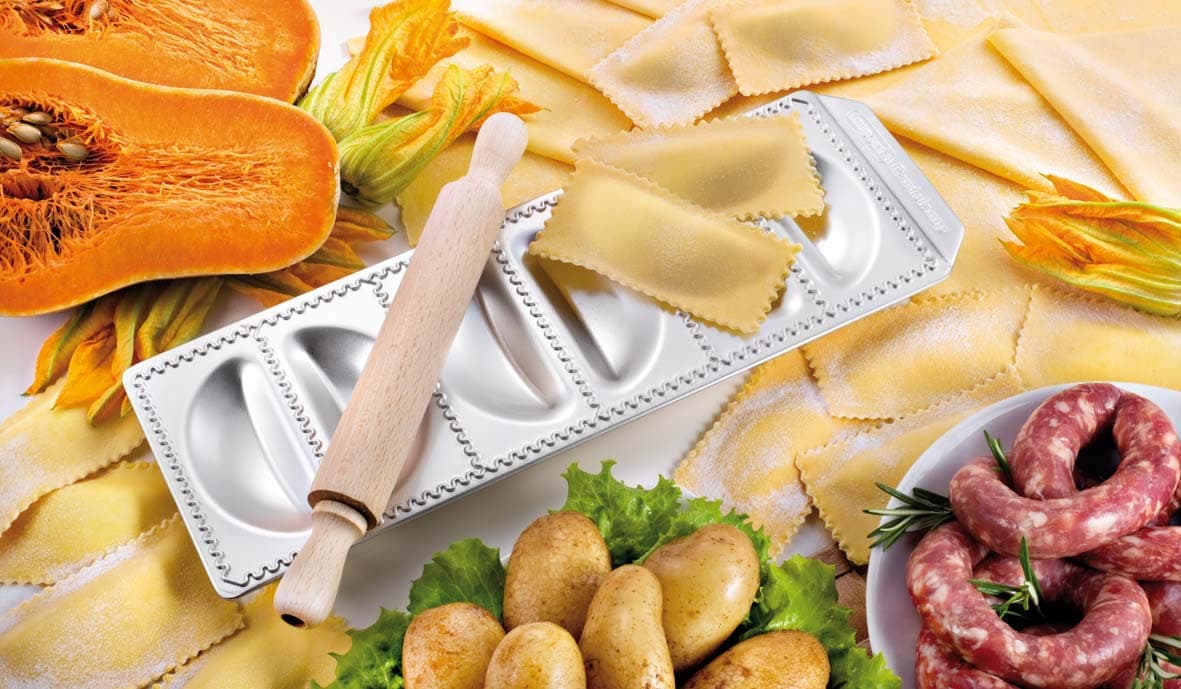 Pierogi Tray with Wooden Roller By Imperia - Italian Stainless Steel - Easy to use (127-06)