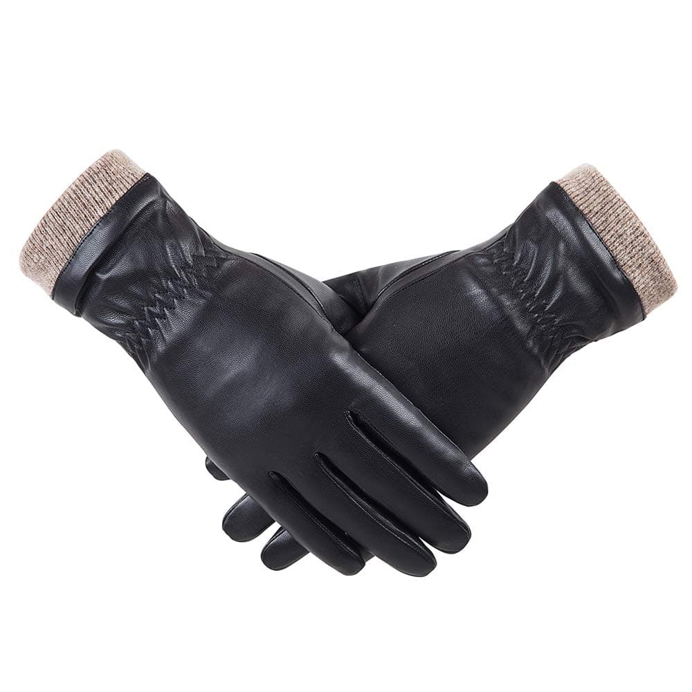 Winter Leather Gloves for Women, Wool Fleece Lined Warm Gloves, Touchscreen Texting Thick Thermal Snow Driving Gloves