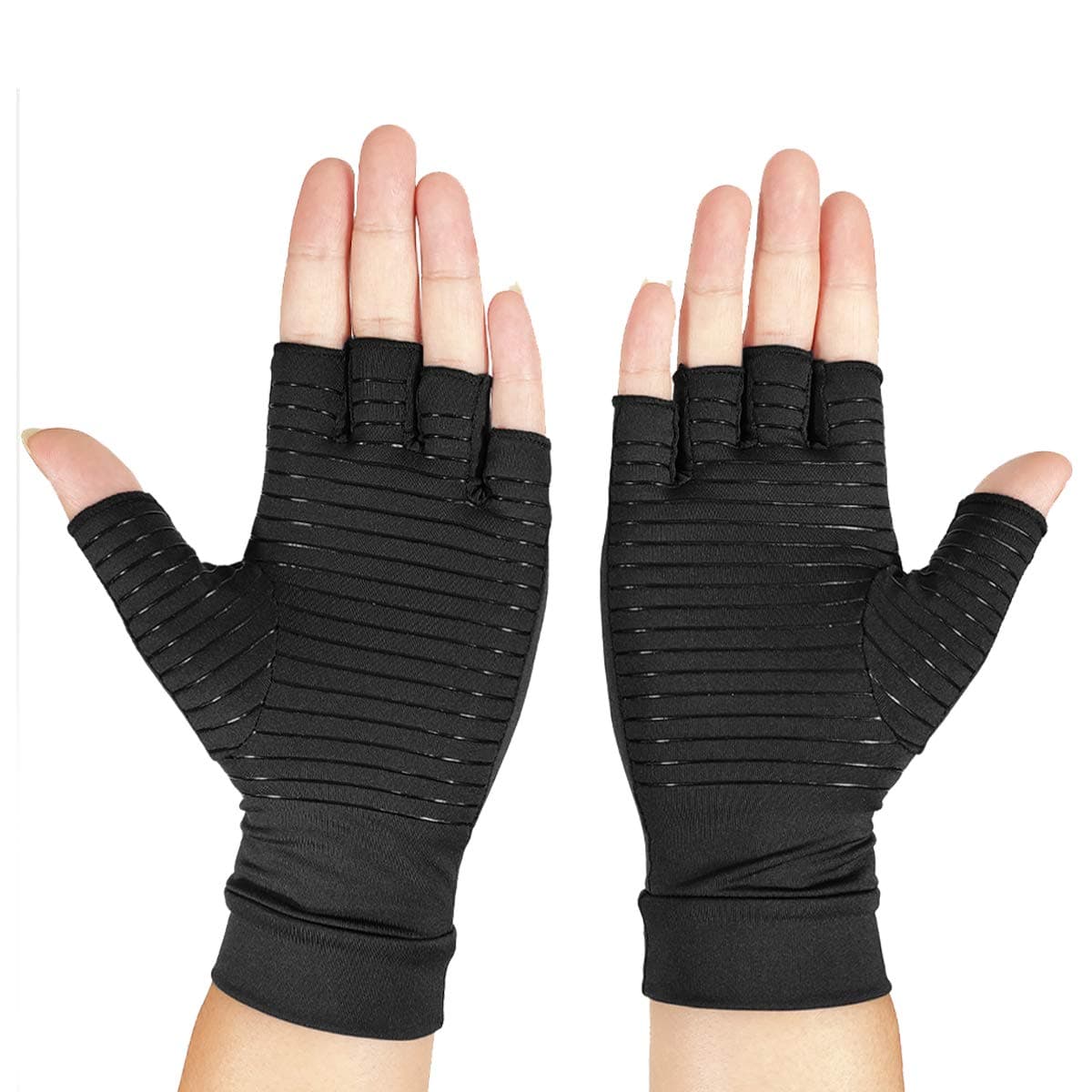 RHome Arthritis Compression Gloves | 1-Pair, Pain Relief, Rheumatoid, Osteoarthritis and Carpal Tunnel for Men and Women, Fingerless for Typing, with Therapy Glue Point (Black with Gel-Large)