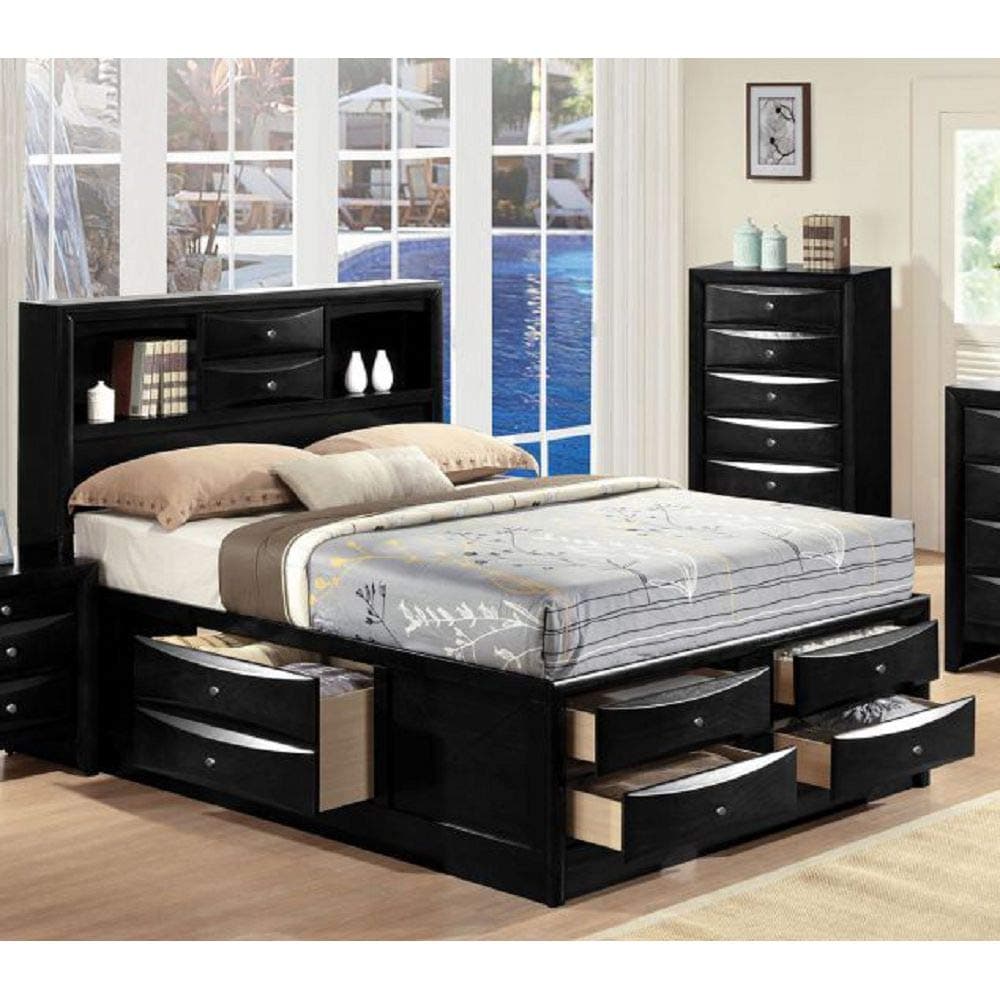 Contemporary Wood Storage Bed Frame Full Size with 8 Storage Drawers, Bookcase Headboard for Master or Guest Room No Box Spring Required Easy Assembly (Full Bed, Black)