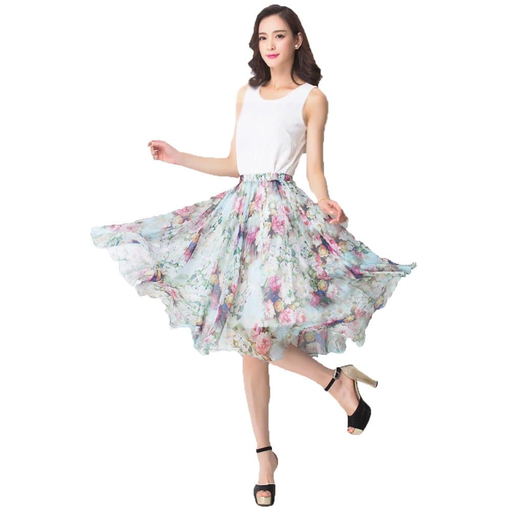 MINGXIN Women's Floral Elastic Waist Printed Chiffon Pleated Skater Knee-Length Skirt Multi3