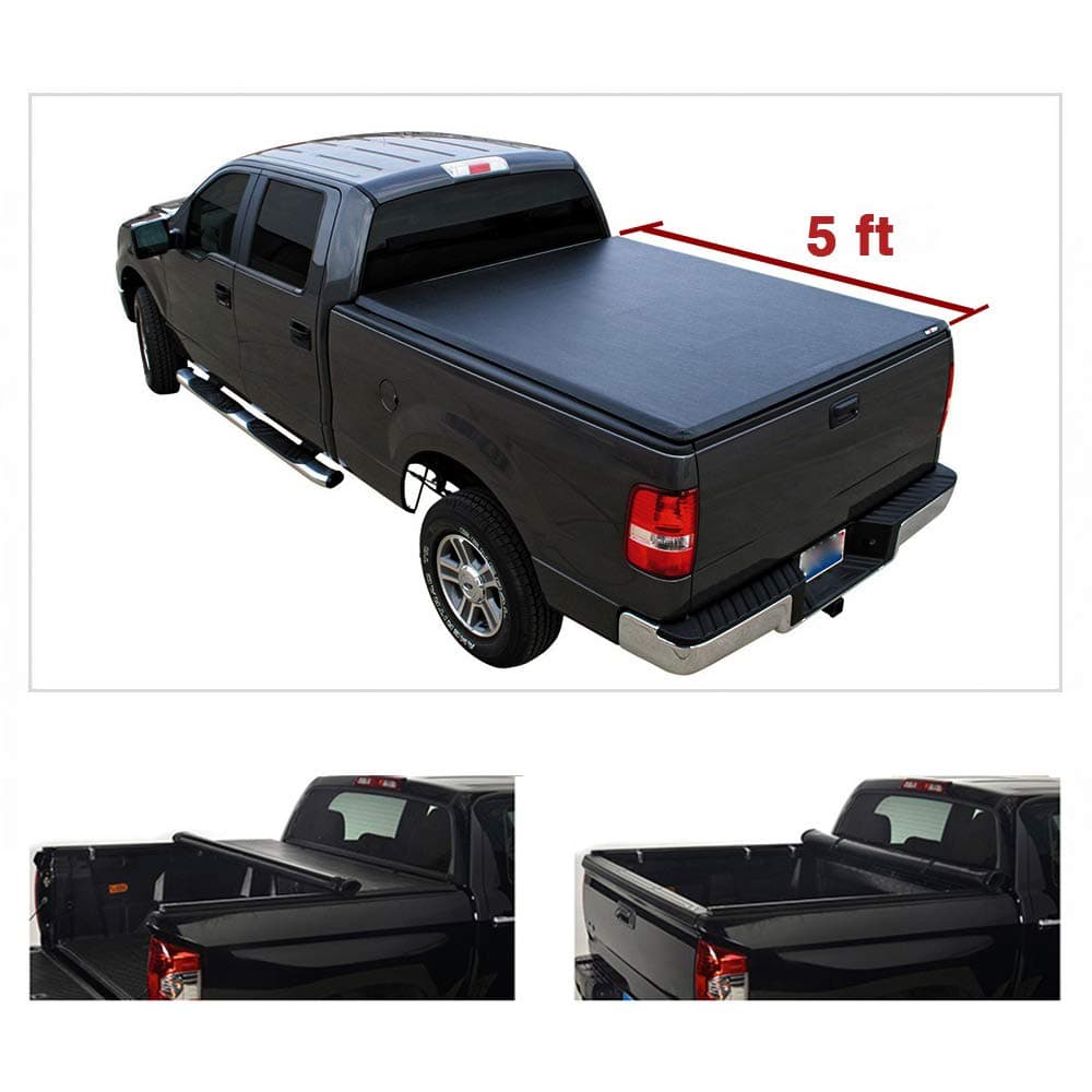 Riseking 5ft Fleetside Bed Truck Bed Compatible with 2016-2021 Tacoma Pickup Qty(1) Truck Bed Blk Vinyl Clamp-on Soft Lock & Roll-up top Mount Tonneau Cover Assembly with Rails+Hardware