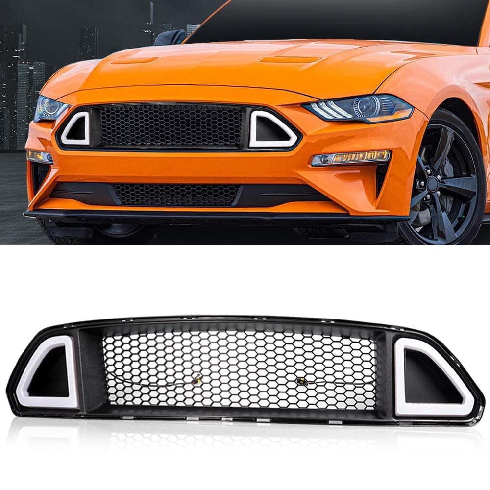 PIT66 Front Hood Upper Grille with White DRL LED Light, Compatible with Ford Mustang 2015-2017