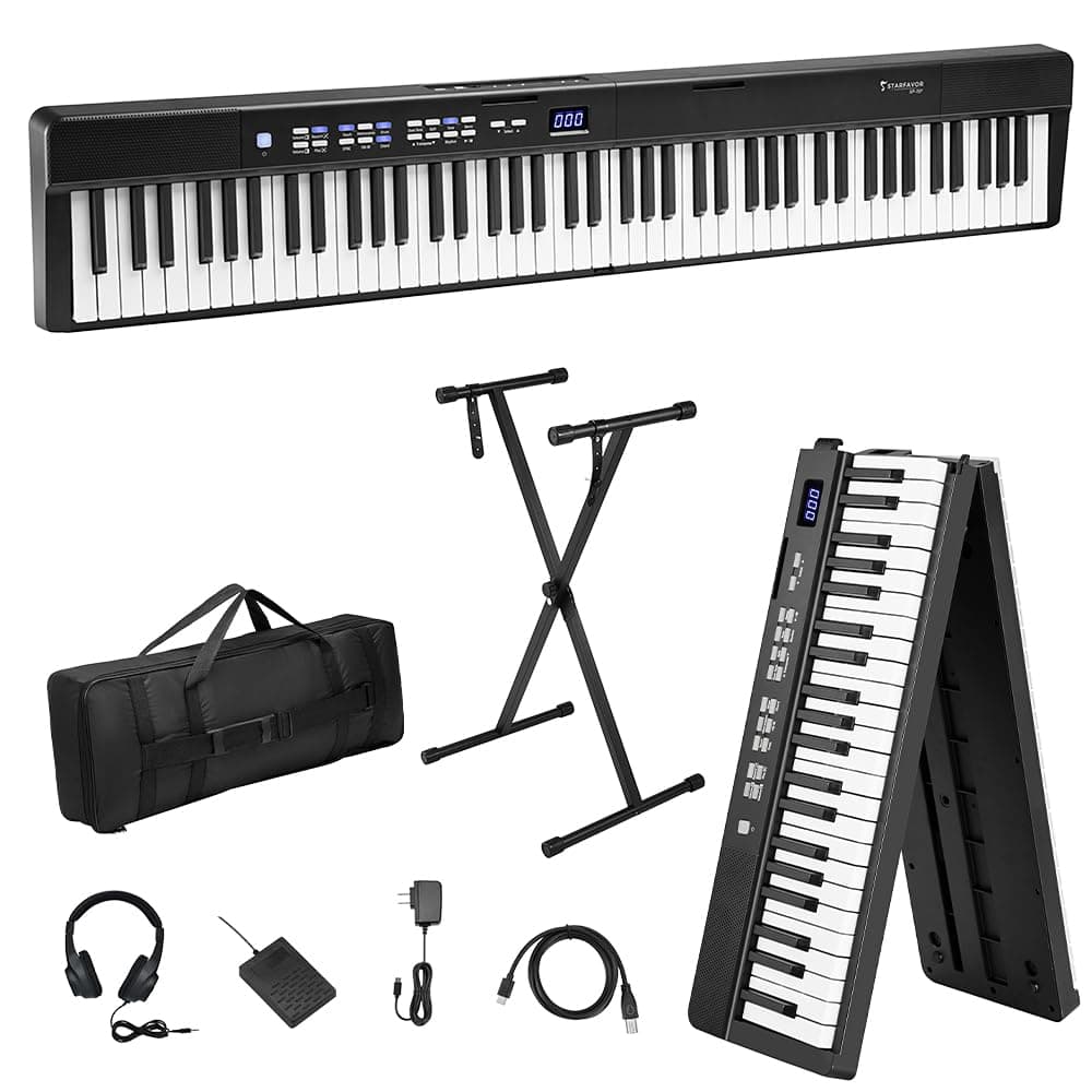 Starfavor Portable Keyboard Piano, Folding Piano Keyboard 88 Keys Full Size Electric Piano, Bluetooth Foldable Piano, Semi Weighted Keyboard 88 Key Keyboard, with Piano Stand, SP-15F
