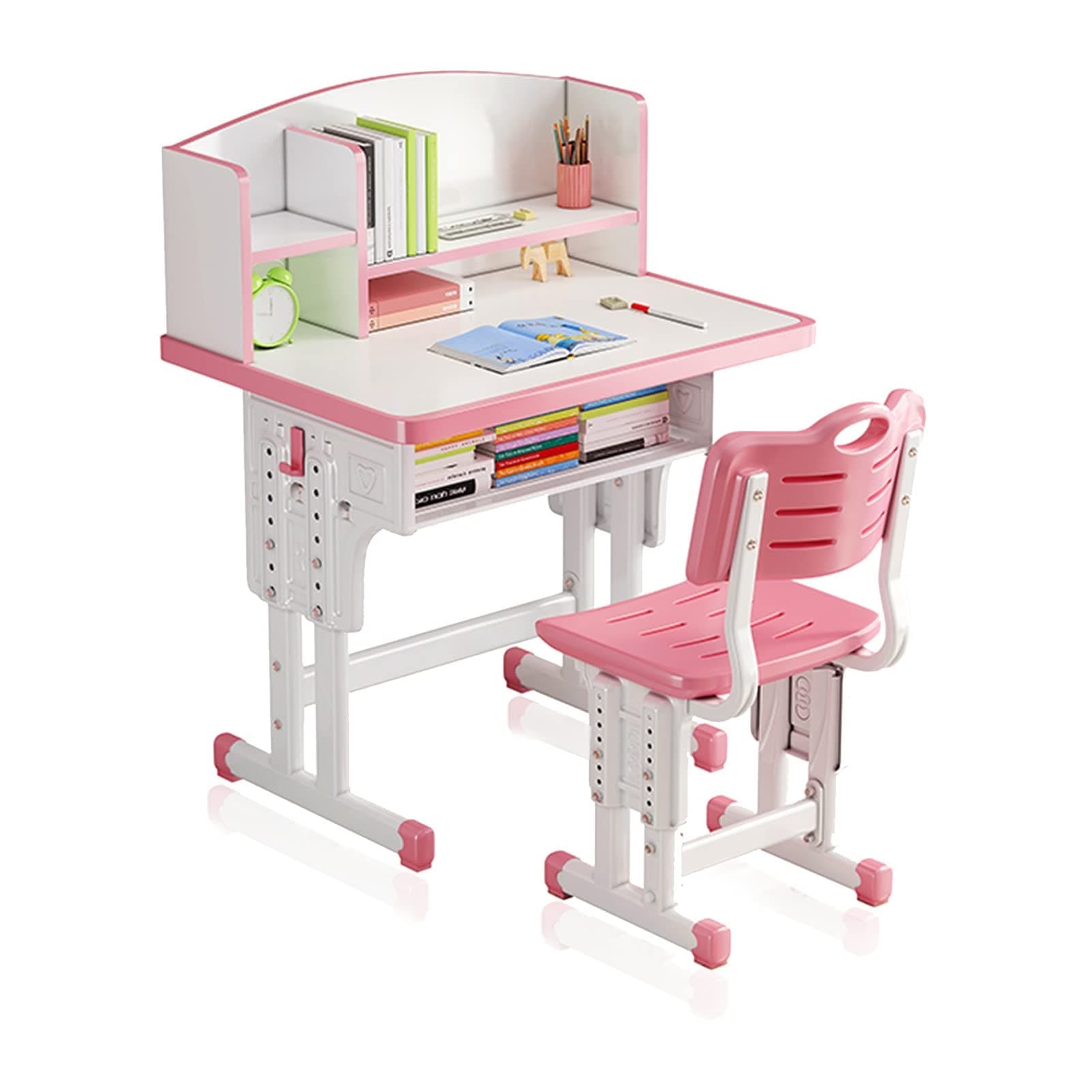 Kids' Study Desk Chair Sets, Pink, Adjustable Height, Ergonomic Design, Large Storage Drawer, Built-in Bookshelf, Bedroom Furniture