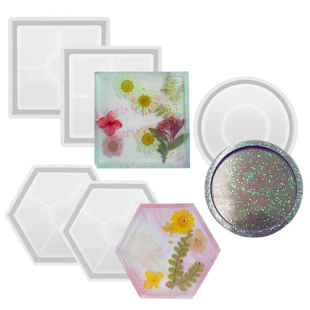 EVNEED 5 Pcs DIY Coaster Silicone Mold,Include Round,Square,Hexagon Silicone Resin Mold for Casting with Resin, Concrete,Cement Clay