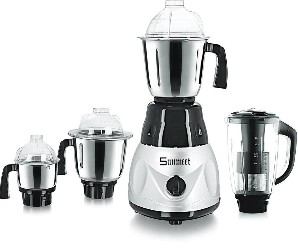 Sunmeet Black-Silver Color 1000Watts Mixer Juicer Grinder with 4 Jar (1 Juicer Jar with Filter, 1 Large Jar, 1 Medium Jar and 1 Chuntey Jar) Make in India